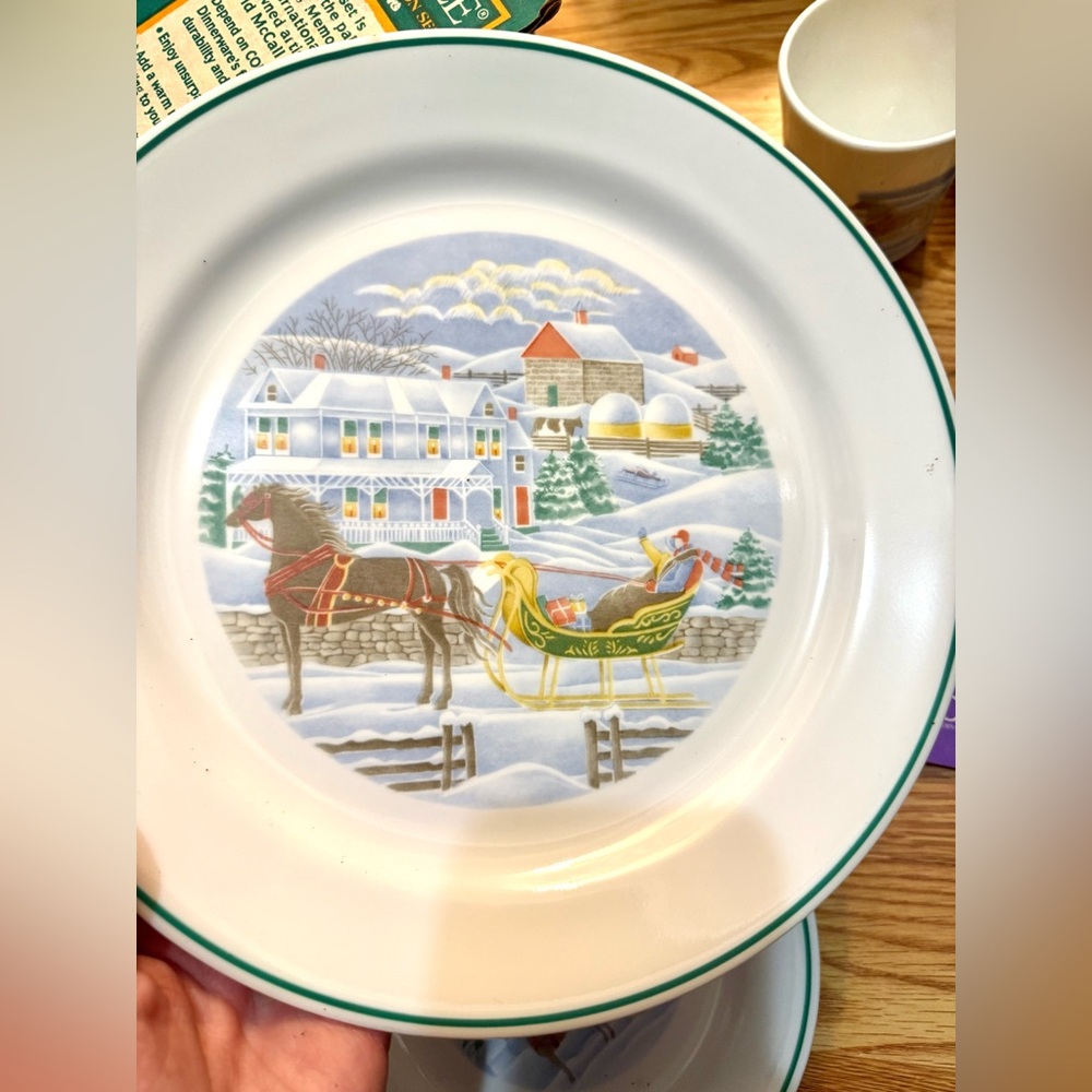 Vintage Corelle Country Memories dinnerware set W/ winter sleigh scene design